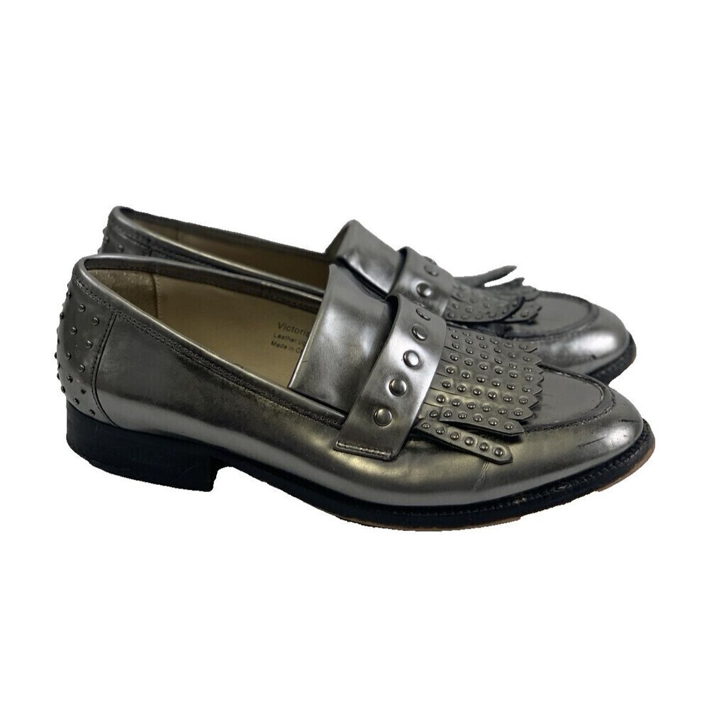 Botkier Victoria Sliver Leather Kiltie Loafer Studded Slip On Low Heel Women 7 M